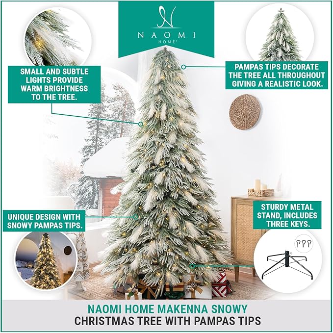 Makenna 7.5ft Snow Flocked Feathery Frosted Prelit Artificial Christmas Tree with 6478 Pampas Tips, 550 Warm Lights and Metal Stand, 48" Wide Realistic Snow Flocked Pine Christmas Tree with Lights