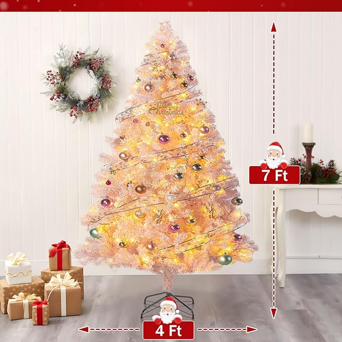 7ft Prelit Pink Artificial Christmas Tree with 250 Warm White LED Lights, Full Snow Flocked Xmas Tree Featuring 1200 Realistic Branch, Easy Hinged Assembly for Home Office Party Decoration