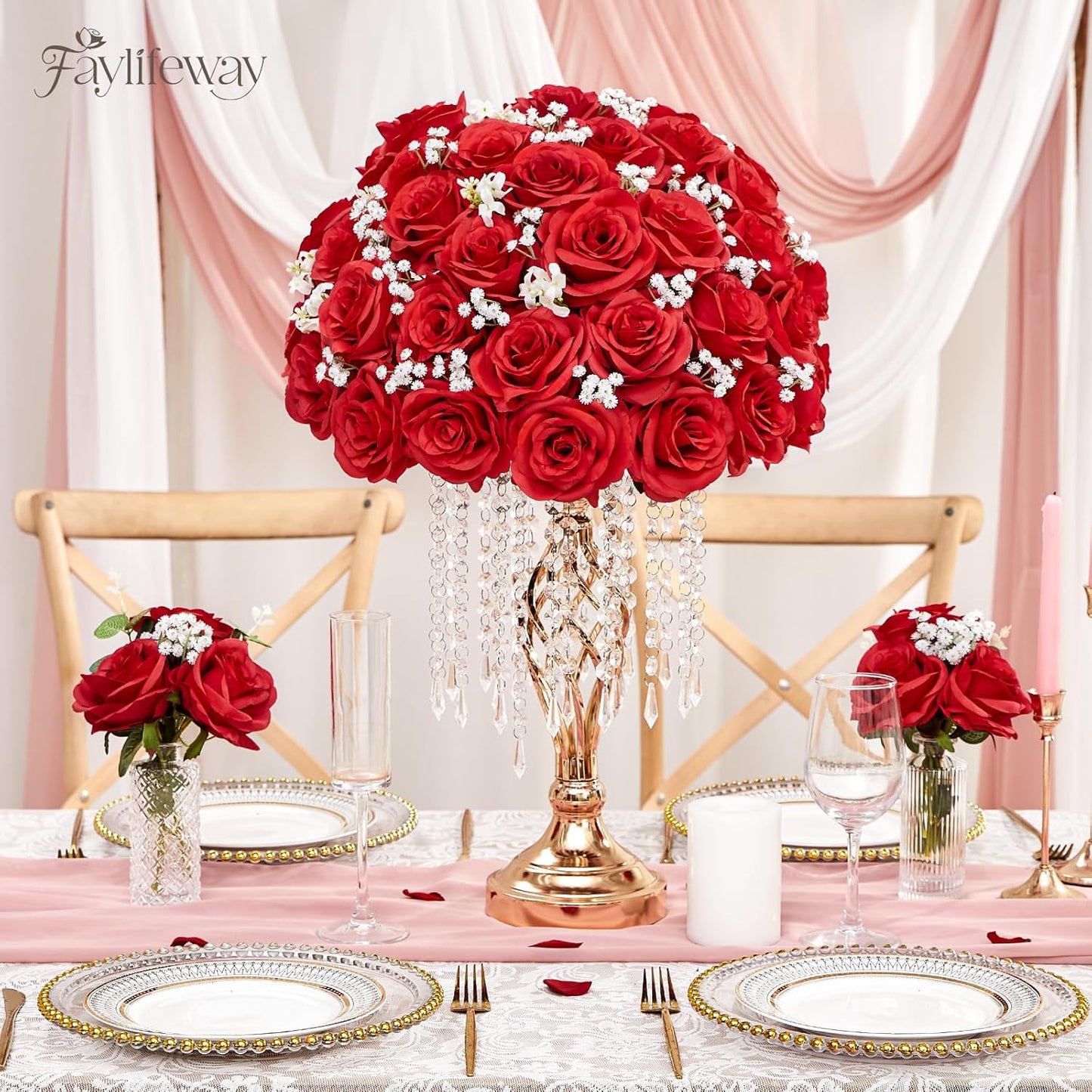 50PCS Artificial Red Roses, 3.9'' Silk Flower Head Fake Red Rose with Long Stems, Realistic Faux Roses Bouquet for DIY Wedding Home Party Office Decoration