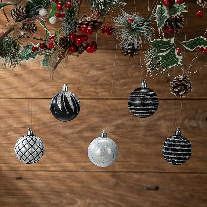 100PCS Black and Silver Christmas Ornaments Set, Shatterproof Christmas Ball Ornaments Bulk, Assorted Decorations Baubles Hanging Ornaments for Christmas Trees Holiday Party Decor (Black Silver)
