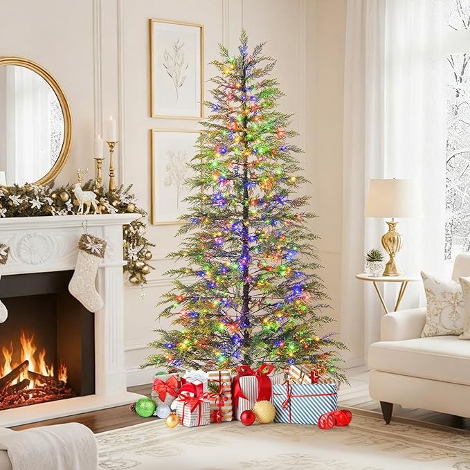 Goplus 6.5 FT Pre-Lit Artificial Christmas Tree, Hinged Sparse Xmas Fir Tree with 578 Soft Branch Tips, 390 Multicolored LED Lights, 8 Modes, Foldable Metal Stand, Home Office Decoration