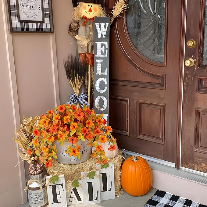 Artificial Fall Flowers Fake Petunias Plants for Outdoor Decoration, 2 Pcs Silk Faux Flowers UV Resistant No Fade Plants for Outside Garden Balcony Yard Porch Realistic Indoor Decor (Orange)