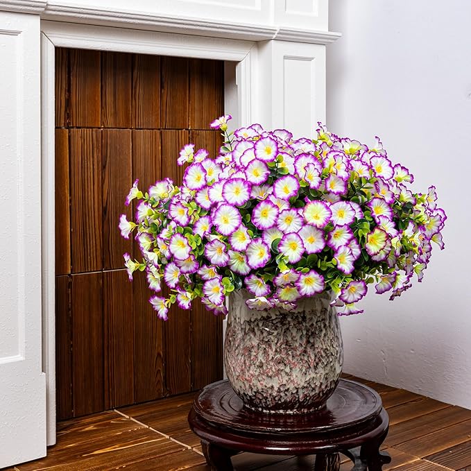 Artificial Faux Flowers for Outdoor 16 Bundles Boxwood Fake Morning Glory for Planter,UV Resistant Fake Flowers for Home Porch Patio Outside（Purple/White）