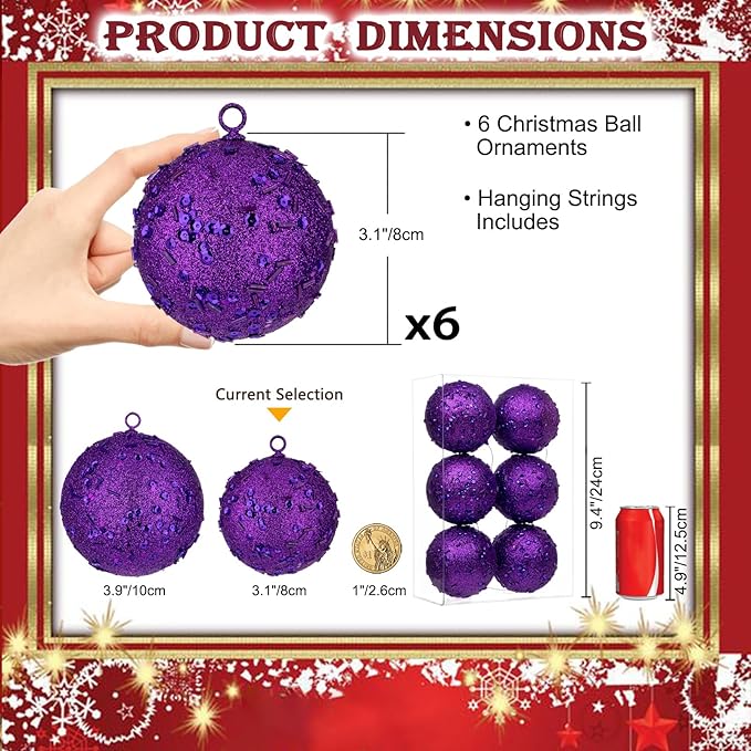 3.15" Large Christmas Balls Ornaments 6 Pcs Shatterproof Big Purple Christmas Ornaments for Xmas Tree Bulk Glitter Big Xmas Tree Ornament for Trees Halloween Holiday Wedding Party Decoration
