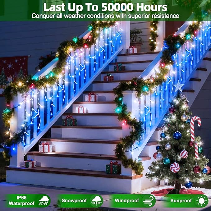 504 LED Christmas Lights with 112 Drops, 50ft 12 Modes Blue and White Fairy String Lights with Timer Dimmable, Waterproof Twinkle Lights for Indoor Outdoor Holiday Wedding Party Eaves Yard Yard Decor