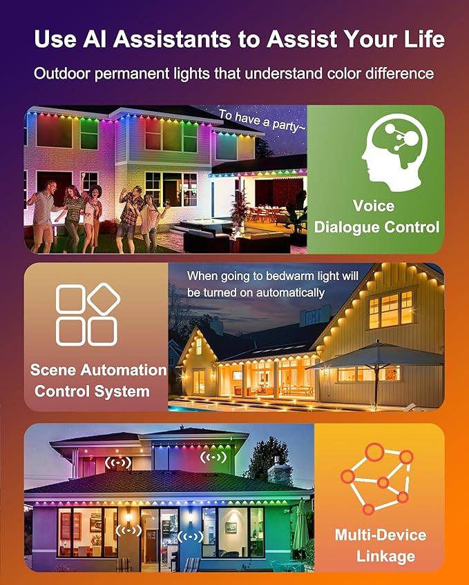 RGBCW Permanent Outdoor Lights,108 Scene Modes Smart Outdoor Christmas Lights with Voice Remote APP Control, IP68 LED Eaves Lighting for Halloween Party, Daily Garden Decor (120LED 200FT)