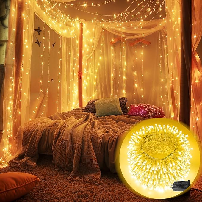 66FT 200LED Christmas String Lights Outdoor/Indoor, Extendable Twinkle Fairy Lights Waterproof Clear Wire with 8 Modes&Timer Function for Garden Bedroom Patio Christmas Tree Decorations (Warm White)