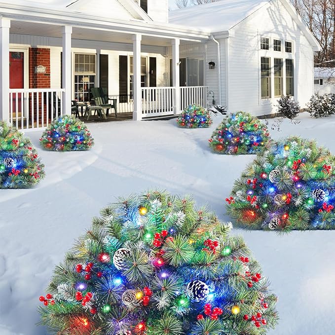 Set of 2 18 Inch Pre-lit Outdoor Christmas Tree with 50 Multi-Color Lights, Timer, Battery Operated Pre-Decorated Frosted Christmas Urn Filler for Pathway &Porch& Yard Decorations