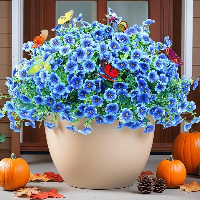 20 Bundles Artificial Flowers for Outdoors‌ with 6 Faux Butterflies, UV Resistant Fake Flowers‌ with Eucalyptus Leaves, Artificial Plants Outdoor‌ for Patio Garden Porch Home Decor (Blue)