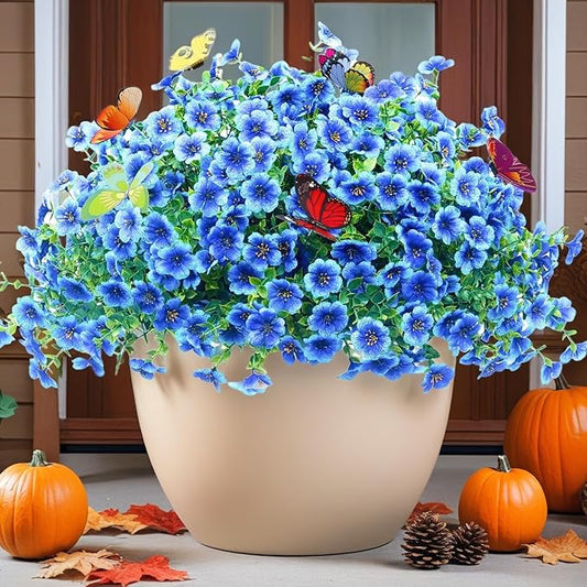 20 Bundles Artificial Flowers for Outdoors‌ with 6 Faux Butterflies, UV Resistant Fake Flowers‌ with Eucalyptus Leaves, Artificial Plants Outdoor‌ for Patio Garden Porch Home Decor (Blue)