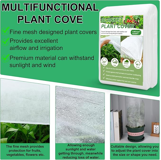 YDSL Plant Covers Freeze Protection 10FT×50FT, 1.06 oz/yd² Floating Row Covers for Garden Beds Pest/Sun Protection, Frost Cloths for Outdoor Plants for Vegetables Flowers Fruits Winter Protection