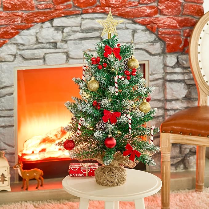 Small Christmas Tree with LED Lights, 2ft Table Top Christmas Tree with Burlap Bag Base and Star Tree Topper, 24 in Mini Tabletop Xmas Tree for Table Desk Home Christmas Decorations