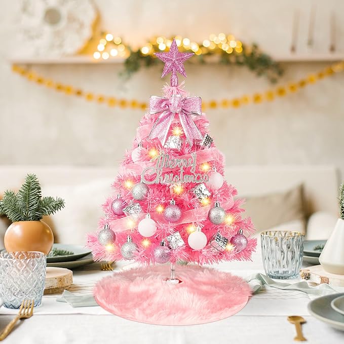 MACTING Mini Christmas Tree with 40 Lights, 2 FT Table Top Tree with Christmas Balls, Small Artificial Tree with Merry Christmas 8 Lighting Modes for Fireplace Desktop Home Indoor Xmas Decor(Pink)