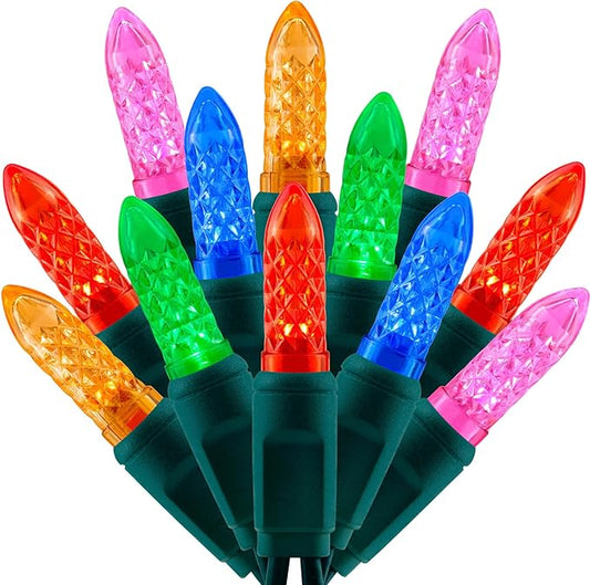 100 Multicolor Faceted One-Piece LED Christmas Lights, 33 ft Green Cord High Waterproof UL Certified M6 Outdoor String Lights (Multicolor)