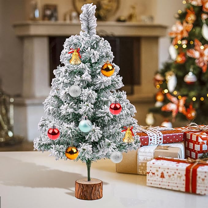 2Ft Artificial Christmas Tree Green Tabletop Christmas Tree with Snow Flocked Mini Xmas Pine Tree with Wooden Stand for Indoor Outdoor Holiday Home Decoration
