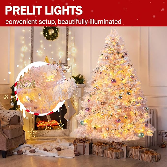 7ft Prelit Pink Artificial Christmas Tree with 250 Warm White LED Lights, Full Snow Flocked Xmas Tree Featuring 1200 Realistic Branch, Easy Hinged Assembly for Home Office Party Decoration