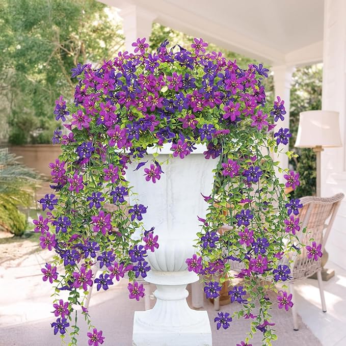 Purple Fake Mums Artificial Hanging Flowers Plants Fall Flowers for Outdoors Decor 2 PCS Faux Silk Daisy with Leaves Artificial Outdoor Flower for Planter Balcony Porch Patio Yard Decoration