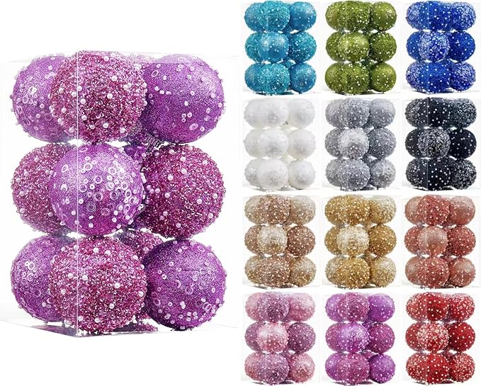 12CT Christmas Ball Ornaments, Purple Christmas Ball Decorations Shatterproof Plastic Hanging Pearl Balls for Holiday Party(70mm/2.76")