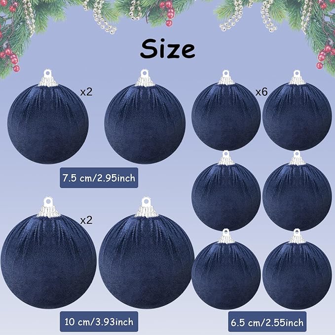 Gresorth 10 Pcs Navy Blue Velvet Christmas Ball Ornaments Flocked Hanging Balls Ornament Shatterproof Baubles Decor Christmas Tree Holiday