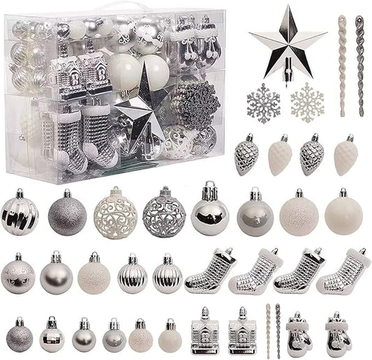 Christmas Tree Ornament Set - 132pcs Silver Ball Decoration, Shatterproof Hanging Ornaments, Large and Small Assortment for Holiday Party Decor