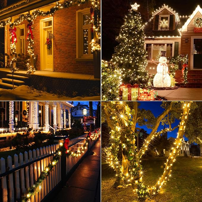 4 Pack 160FT 400 LED Battery Operated Christmas Lights Indoor/Outdoor with Timer & 8 Modes Green Wire Christmas Tree Lights Waterproof Fairy String Lights for Garden Christmas Decoration(Warm White)