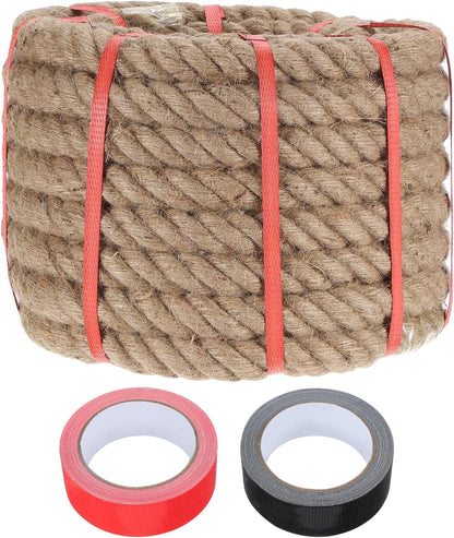 MECCANIXITY Jute Rope 1.1 Inch x 44ft, Thick Twine Rope Ropes Braided Jute Twine Natural Brown Burlap Cord String Heavy Twisted with Tapes for Decorative Crafts Railing Swing Tug of War