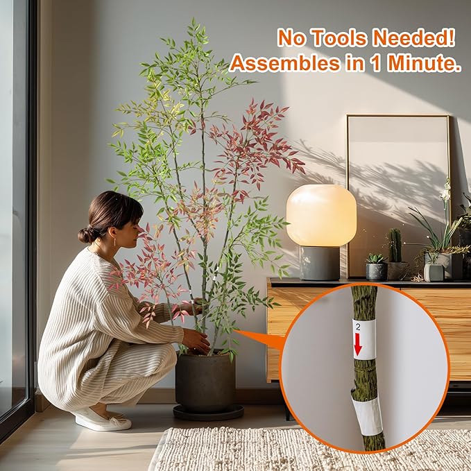 6.5ft Faux Bamboo Tree Artificial Nandina Tree Artificial Indoor Plants Realistic Fake Potted Tree with 800+ Leaves, Cement Planter - Home Office Decor Perfect for Housewarming Gift Non-Toxic