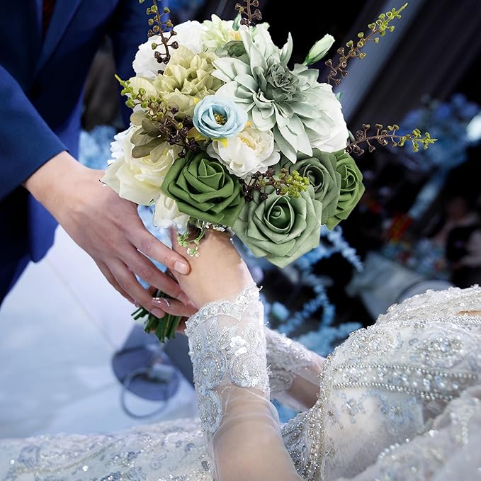 30 Pcs Artificial Flowers Combo Green Flowers Mix Silk Flowers Dahlia Roses with Stems for DIY Wedding Bridal Bouquets, Baby Shower, Floral Arrangement, Table Centerpieces, Home Decorations.