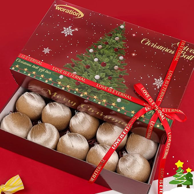 Woration 15pcs Christmas Velvet Ball Ornaments Flocked Xmas Tree 2.36inchs Small Shatterproof Hanging Ball Decoration for Holiday Party (Champagne)