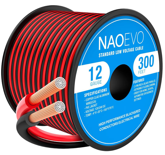 NAOEVO 12 Gauge Wire 300FT, 2 Conductors Electrical Wire Red Black Cable, Flexible/Low Voltage/PVC 12 AWG Copper Clad Aluminum Extension Cord for Speaker, LED Strips, Automotive 12V/24V DC