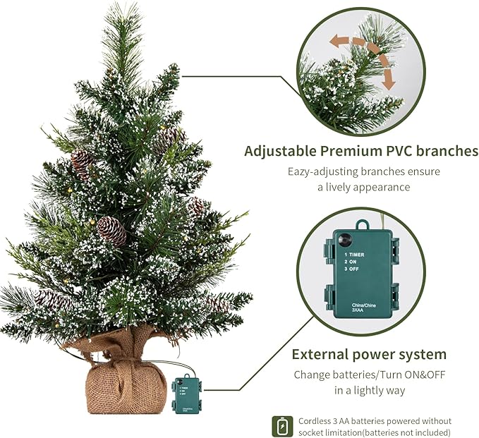 deeinglif 2ft Mini Christmas Trees 24" with LED Lights and Pine,Tabletop Branches Cones and Cloth Bag Base Home Party Dining Room Window Decoration for Christmas