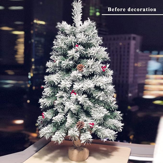 Pre-Lit Artificial Christmas Tree 3ft,Snow Flocked Xmas Pine Tree Decorated with 70 LED Lights,140 Branch Tips,7 Pine Cones,10 Red Berries Christmas Snow Tree for Desktop,Battery Powered