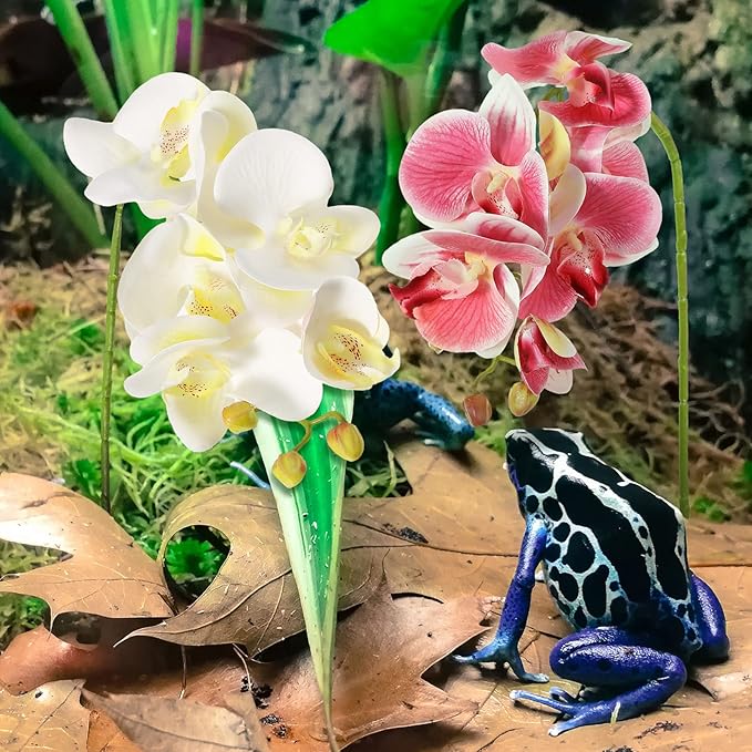 Chuangdi 2 Pieces Artificial Phalaenopsis with Suction Cups Terrarium Plant Decoration Reptile Habitat Plant Decor for Hermit Crab Lizards Geckos Snake Reptile (Dark Pink, White Yellow)