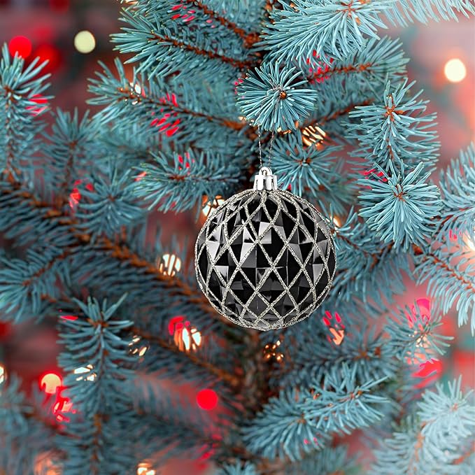 SHareconn 80mm Christmas Balls Ornaments,12PCS Colored Shatterproof Plastic Decorative Hanging Tree Decorations Baubles Set for Xmas Tree Decor Holiday Party Wedding Decoration with Lanyard,Black&Gold