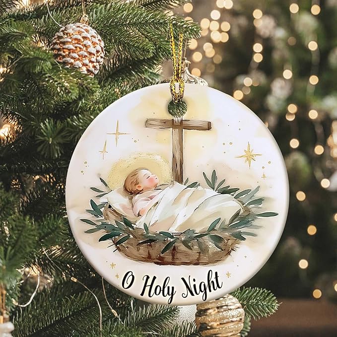 O Holy Night Ornaments Round Ceramic Birth of Jesus Cross Christ Ornament Christmas Keepsake Decor for Christmas Tree Winter Holiday Xmas Gift for Women Men Xmas Hanging Ornament 3" #1