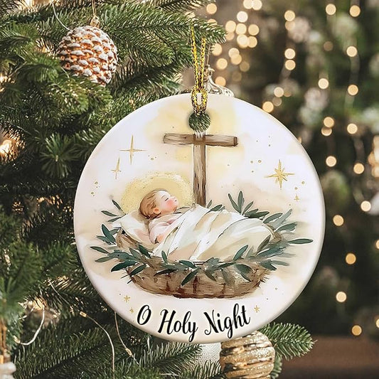 O Holy Night Ornaments Round Ceramic Birth of Jesus Cross Christ Ornament Christmas Keepsake Decor for Christmas Tree Winter Holiday Xmas Gift for Women Men Xmas Hanging Ornament 3" #1