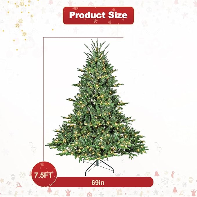 7.5 ft Christmas tree Prelit,Artificial Christmas Tree with Lights &Mixed 2456 PE PVC Flame-retardant Tips,Premium Realistic Lighted Up Spruce Led Christmas Tree for Office Home Decor with Auto Hinged