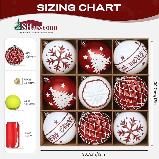 SHareconn 100MM/4 Inch 9PCS Large Christmas Balls Ornaments, Shatterproof Plastic Hanging Big Baubles Set for Xmas Tree Decoration Holiday Party Wedding Decorations with Hook,Red and White