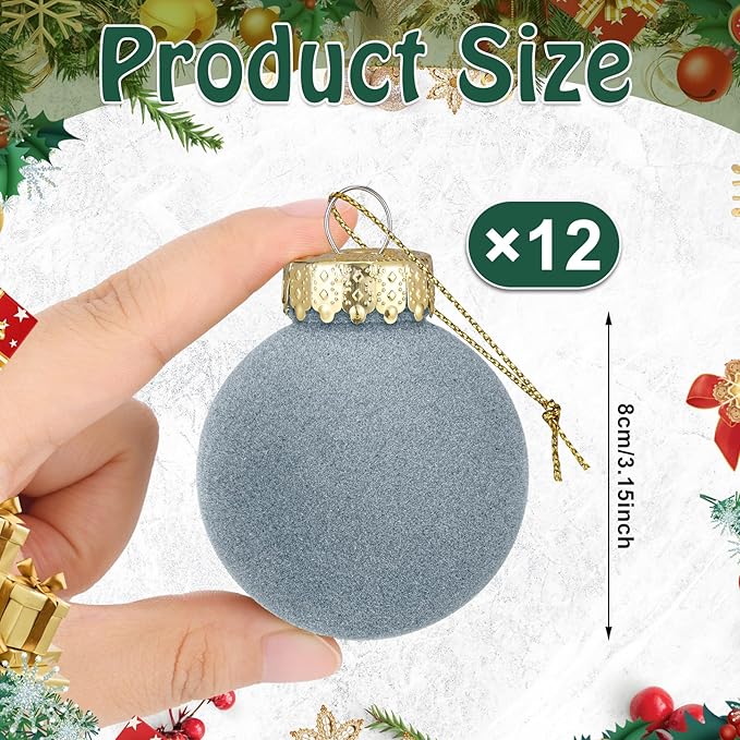 12 Pcs Velvet Christmas Balls Flocked Christmas Tree Hanging Ornaments Shatterproof Plastic Hanging Balls Decorations for Xmas Tree Party Home Holiday Decor (Dusty Blue, 3.15 inch)