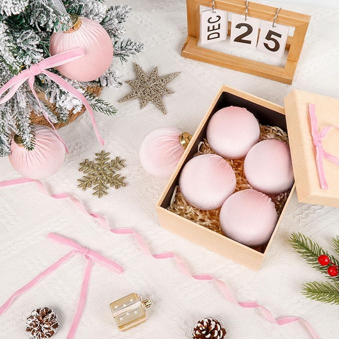 24 Pack Velvet Christmas Ornaments Balls for Tree, 12 Pcs 3.15 Inch Large Velvet Christmas Balls and 12 Pcs Vintage Bows for Xmas Tree Garland Wreath Holiday Party Indoor Home Decor