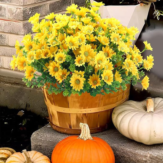 10pcs Outdoors Artificial Mum Flowers UV Resistant Daisy Fake Silk Chrysanthemum Greenery Faux Eucalyptus Plants for Spring Summer Garden Patio Window Box Planter Home Decor(Yellow)