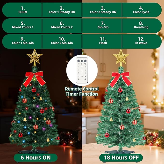 3 FT Artificial Christmas Tree with Lights - 12 Lighting Modes, Timer&Ornaments, Mini Fake Xmas Tree for Tabletop, Home, Office, Christmas Decoration Tree Decor