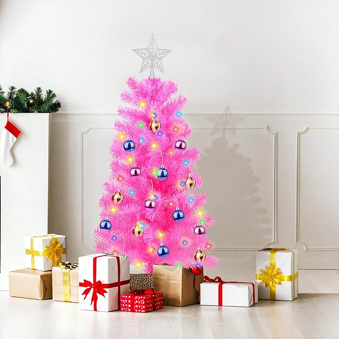 3 Ft Pink Christmas Tree Tinsel Dual Color Change 12 Modes Timer DIY 50 Warm White & Colored Lights 15 Ball Ornaments Star Battery Operated Small Artificial Full Xmas Tree Table Indoor Holiday Decor