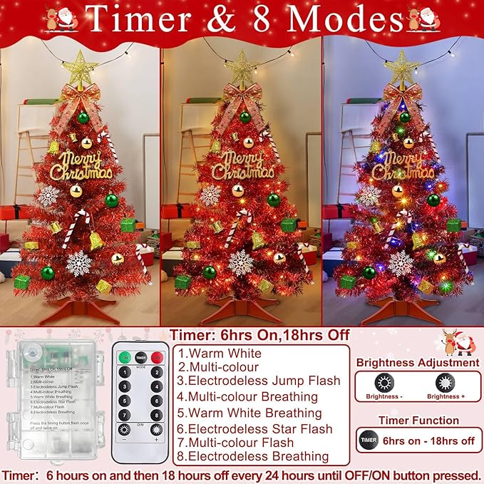 Valentines Day Decorations 3 FT Artificial Valentines Christmas Tree,Tabletop Small Christmas Tree with 50 Warm White & Multicolor Changing Lights Timer 8 Modes DIY Ball Ornaments Holiday Decoration