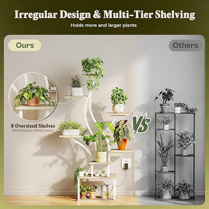 PRAISUN 51.3 Inch Plant Stand with Grow Light, 6 Tiered Indoor Plant Shelf with Larger Flower Holder, Pine-Shaped Stand, 3 Light Modes, Open Base, Corner Plant Rack for Living Room, Oak and White