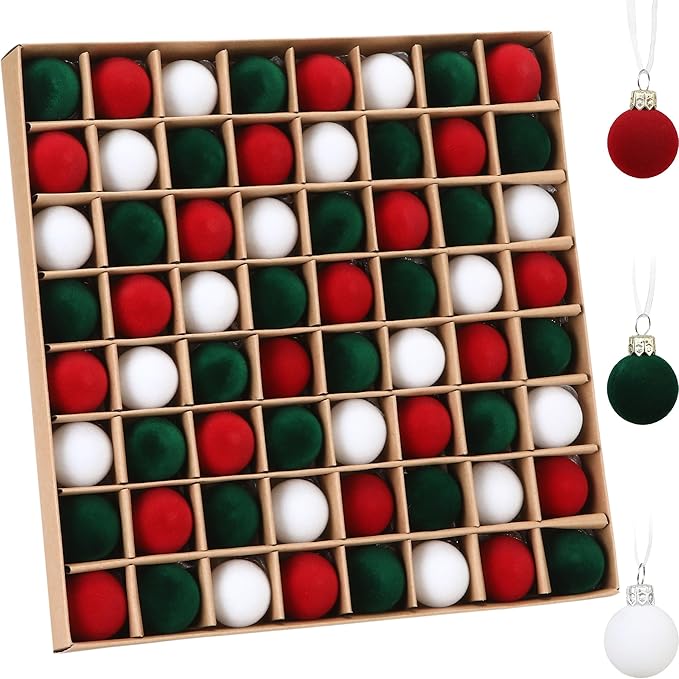 Sea Team 64-Pack Miniature Flocked Velvet Christmas Tree Ball Ornaments Set, Hanging Velour Baubles, Shatterproof Plastic Decorations for Xmas Tree, Wreath, Garland, 30mm/1.18 Inches, Elf