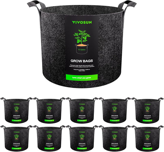 VIVOSUN 10-Pack 15 Gallon Grow Bags, Reinforced Planter Fabric Pots for Gardening Black