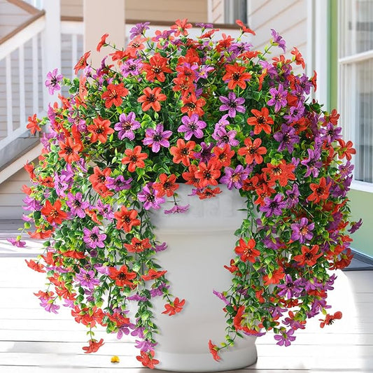 Artificial Fake Flowers Plants for Outdoor Spring Summer Decoration, 2 PCS Faux Silk Daisy Flower UV Resistant Look Real for Outside Patio Porch Garden Balcony Home Summer Decor(Red Purple)