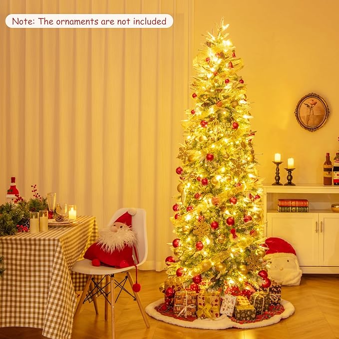 Goplus 7.5 FT Pre-Lit Pencil Christmas Tree, Artificial Snow Flocked Hinged Fake Slim Xmas Tree with 350 Warm-White LED Lights, 913 Branch Tips, 75 Pine Cones, for Office Home Decoration