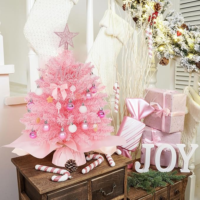 Wangchao Craft 20" Mini Pink Christmas Tree Table Top Artificial Xmas Tree Small Christmas Tree with Lights, Star Treetop and Balls, Tabletop for Girls Rooms